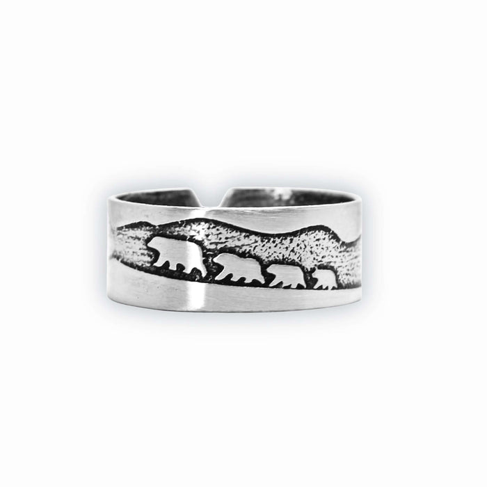 Bears on a Hike Adjustable Ring showcasing mother bear and cubs hiking in a stunning design.
