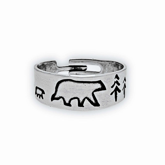Bear Family Adjustable Ring in matte silver featuring bear and tree designs, perfect for nature lovers.