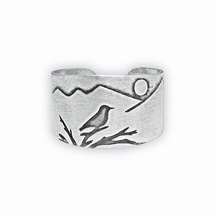 Mountain Bluebird Adjustable Ring featuring a detailed bluebird and mountain scape design in matte silver finish.