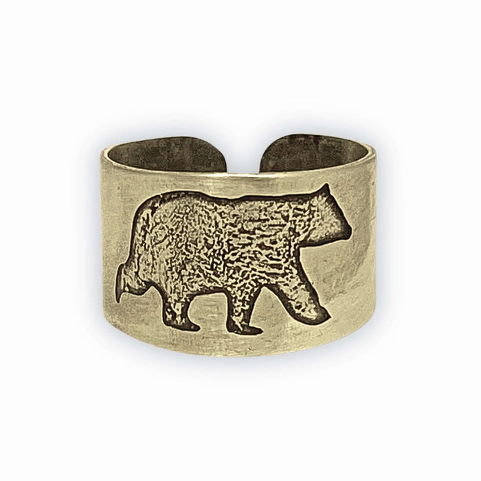 Bear Boy Adjustable Ring featuring a bear design in antique brass finish, perfect for adventure lovers.