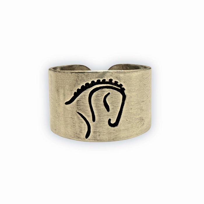White Horse Adjustable Ring in Antique Brass finish with a powerful horse silhouette etched design.