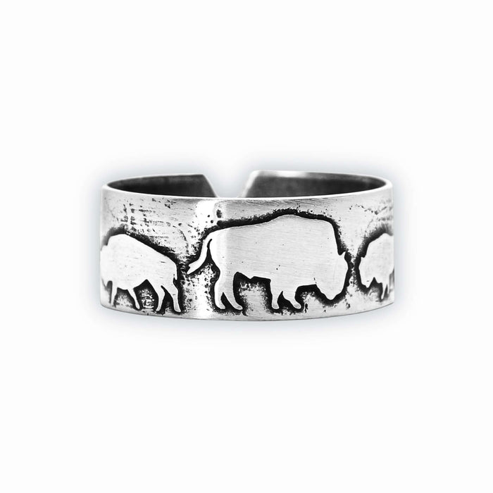 Bison Circles Adjustable Ring featuring intricate bison motifs in a matte silver finish.