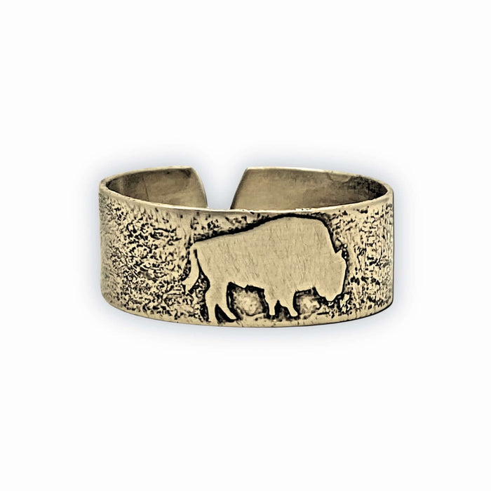 Buff Adjustable Ring featuring a bison design in Antique Brass finish, perfect for nature lovers.