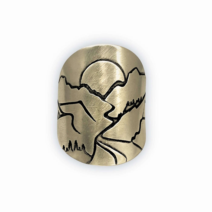 Going to the Sun Road Adjustable Ring featuring etched mountains and sun design, ideal for nature lovers.