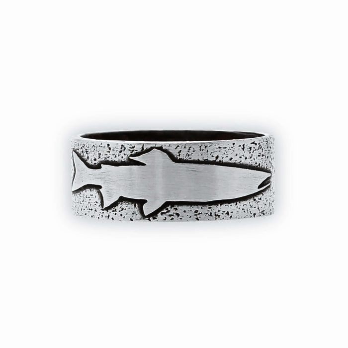 Handmade Trout Ring featuring a textured design and etched trout, perfect for fishing enthusiasts.