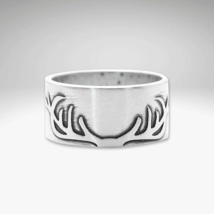 Antlers Ring featuring a unique antler design with a 0.38" wide band, perfect for outdoor enthusiasts.