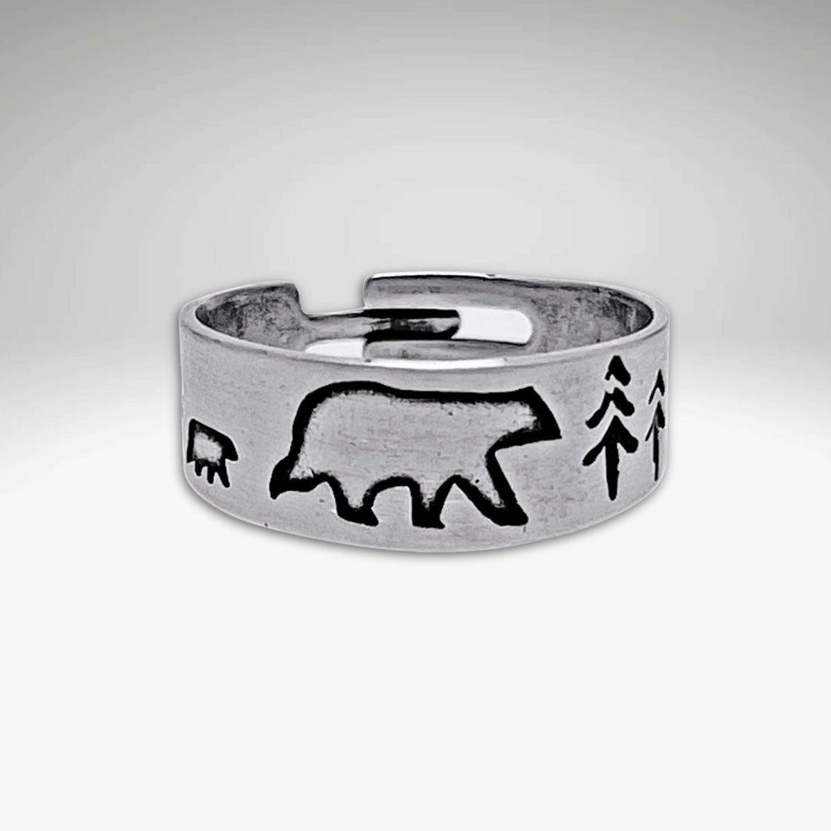 Bear Family Adjustable Ring displayed in matte silver featuring a mama bear, cub, and trees.