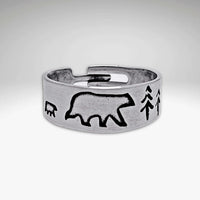 Bear Family Adjustable Ring displayed in matte silver featuring a mama bear, cub, and trees.