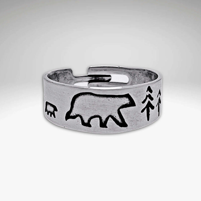 Bear Family Adjustable Ring displayed in matte silver featuring a mama bear, cub, and trees.