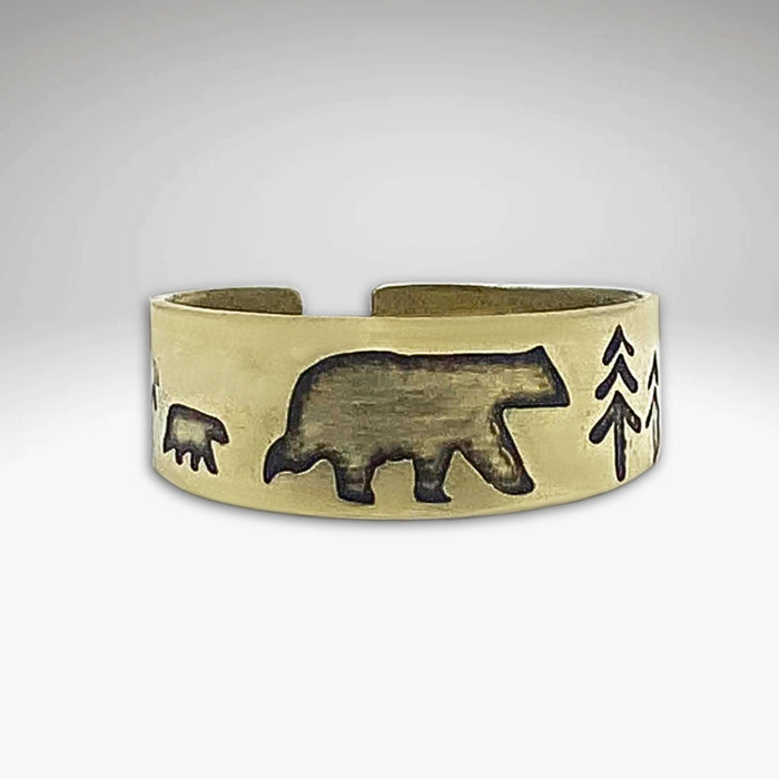 Bear Family Adjustable Ring in Antique Brass finish featuring a mama bear and cubs with trees design.