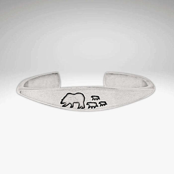 Bear Family Cuff Bracelet in matte silver featuring mama bear with three cubs design, symbolizing family solidarity.