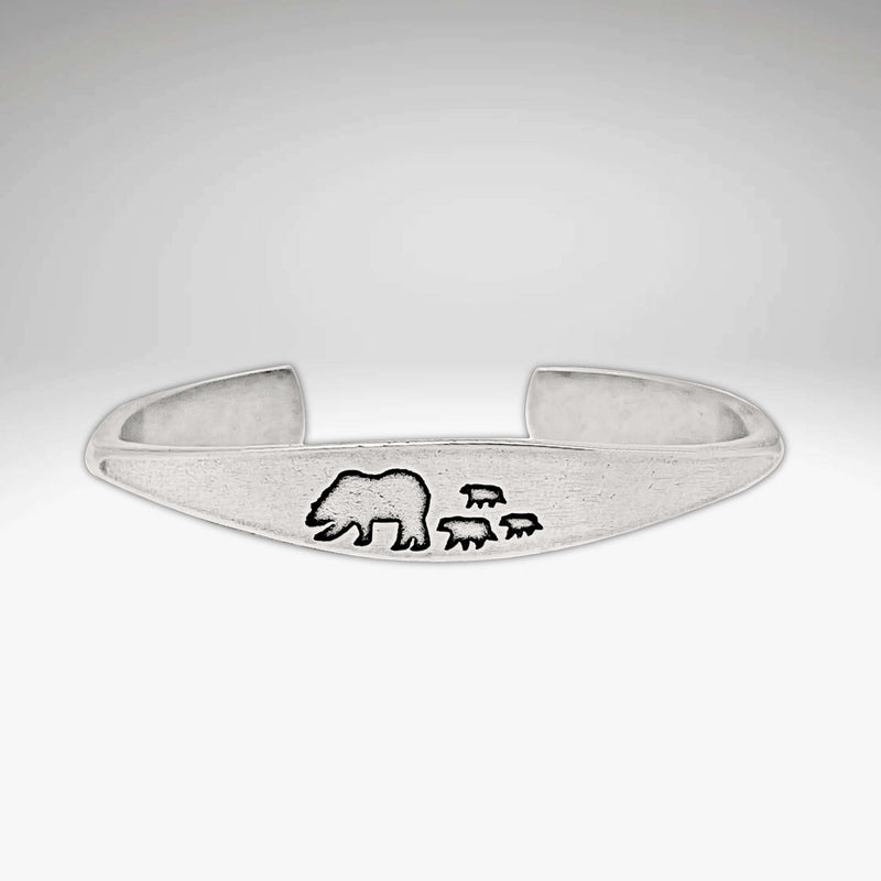 Bear Family Cuff Bracelet in matte silver featuring mama bear with three cubs design, symbolizing family solidarity.