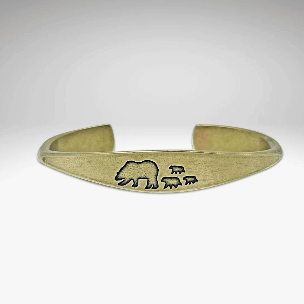 Bear Family Cuff Bracelet featuring mama bear and three cubs design in Antique Brass finish.