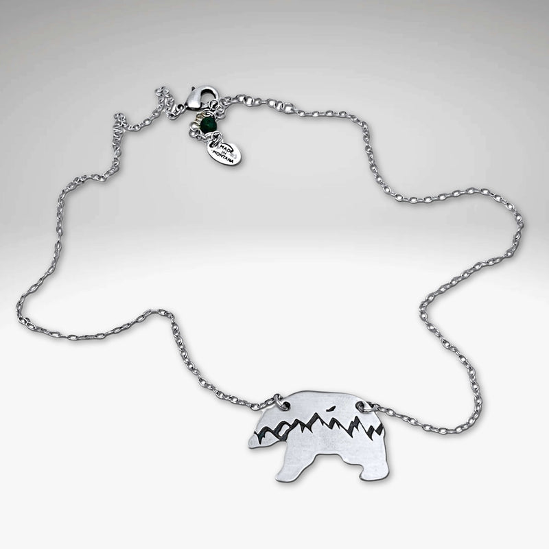 Bears in the Mountains Necklace in matte silver with bear and mountain design, 18" cable chain, handmade jewelry.