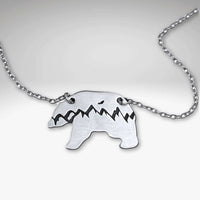 Bears in the Mountains Necklace featuring a bear silhouette with mountain design on an 18" cable chain.