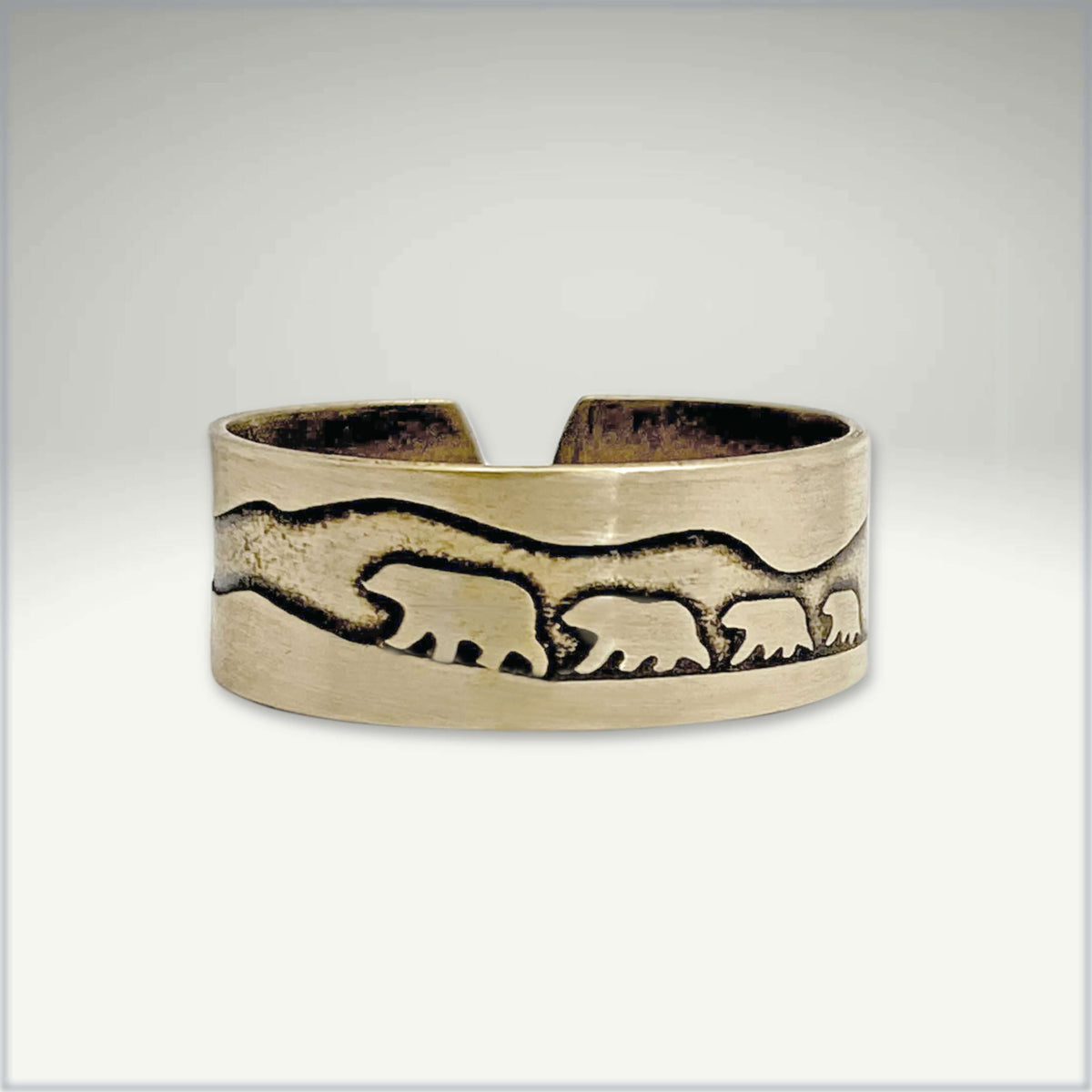 Bears on a Hike Adjustable Ring featuring a mother bear and cubs etched design on a raw brass ring.