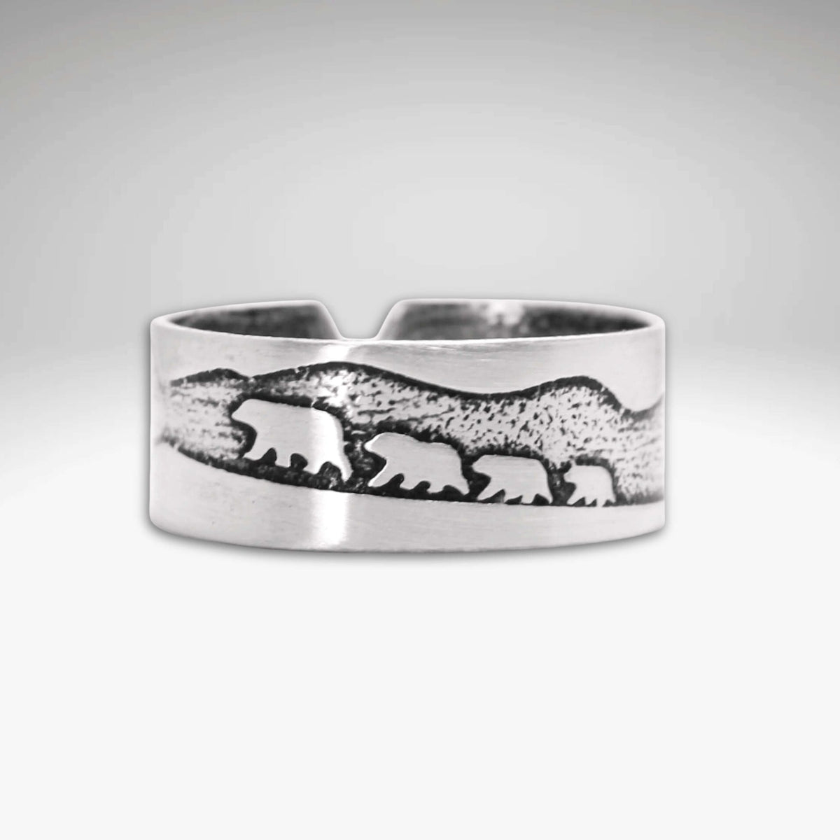 Bears on a Hike Adjustable Ring featuring a mother bear and cubs design on a handmade raw brass adjustable ring.