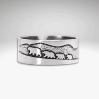 Bears on a Hike Adjustable Ring featuring a mother bear and cubs design on a handmade raw brass adjustable ring.