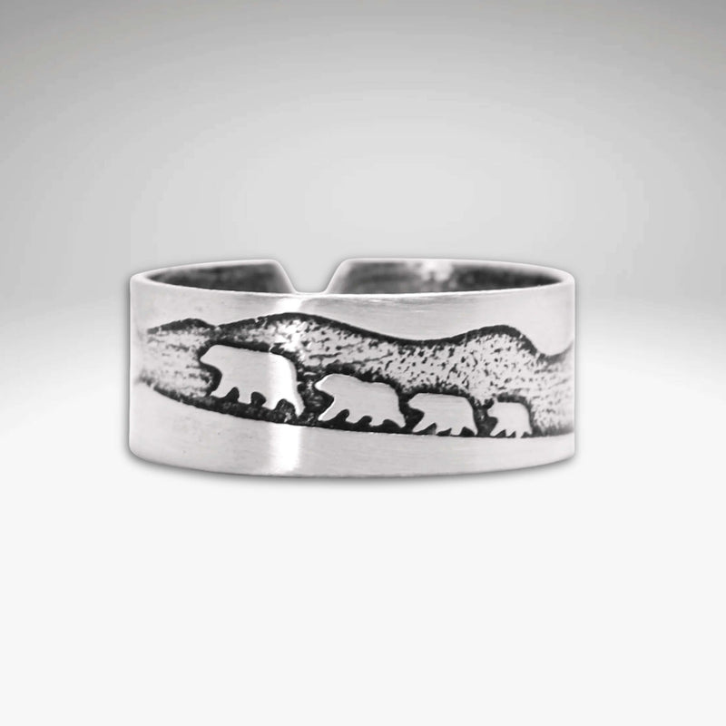 Bears on a Hike Adjustable Ring featuring a mother bear and cubs design on a handmade raw brass adjustable ring.