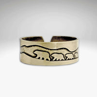 Bears on a Hike Adjustable Ring showcasing a mother bear and cubs design in raw brass finish.