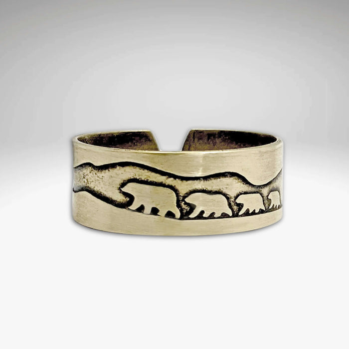 Bears on a Hike Adjustable Ring showcasing a mother bear and cubs design in raw brass finish.