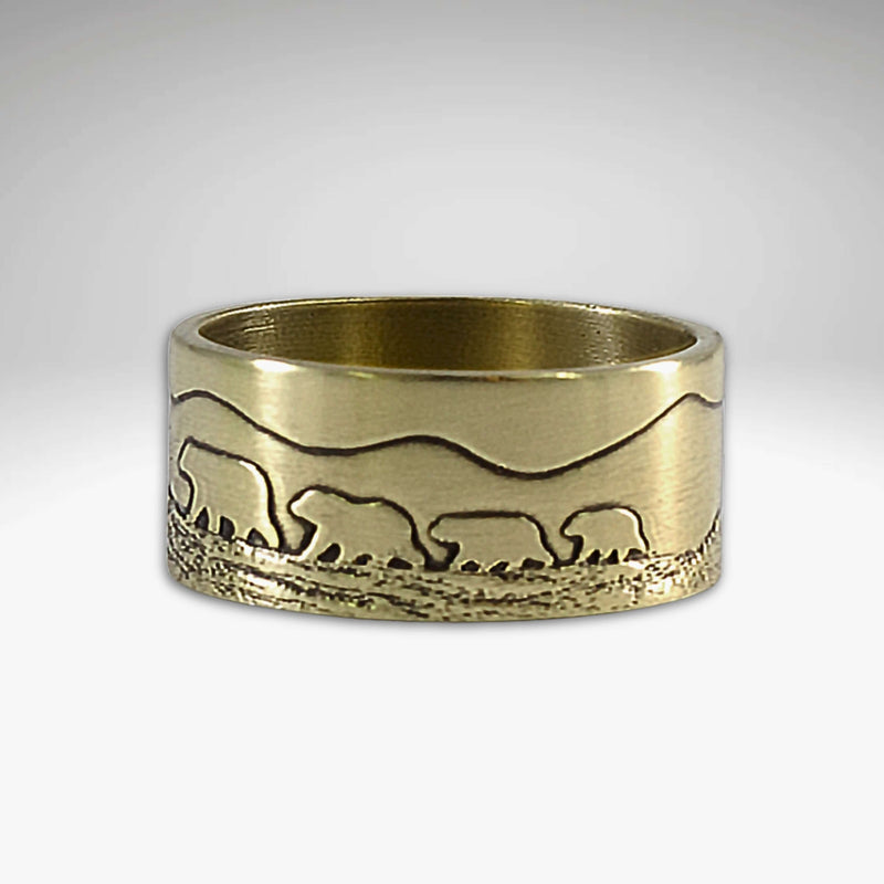 Bears on a Hike Ring featuring etched bears and mountains in raw brass, perfect gift for animal lovers.