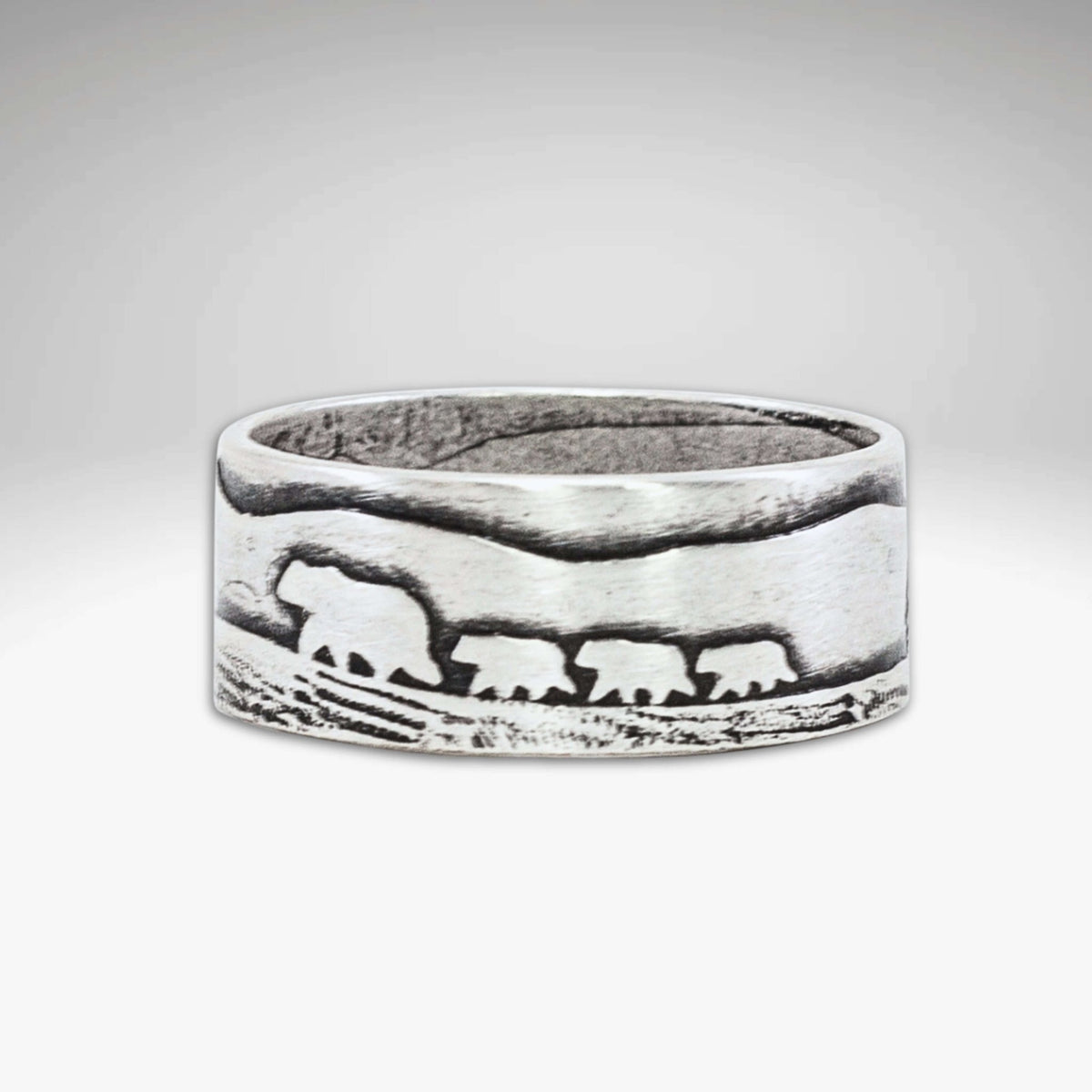 Bears on a Hike Ring featuring an etched design of a mama bear and her cubs on a scenic hike.