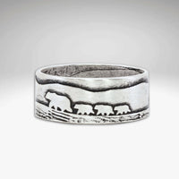 Bears on a Hike Ring featuring an etched design of a mama bear and her cubs on a scenic hike.