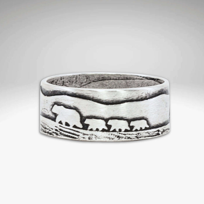 Bears on a Hike Ring featuring an etched design of a mama bear and her cubs on a scenic hike.
