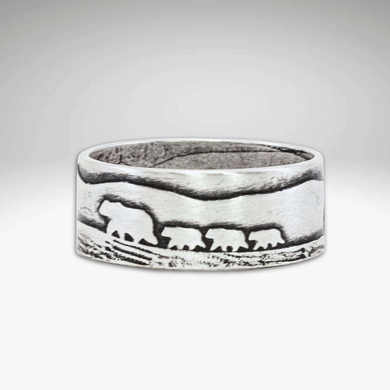 Bears on a Hike Ring featuring an etched design of a mama bear and her cubs on a scenic hike.