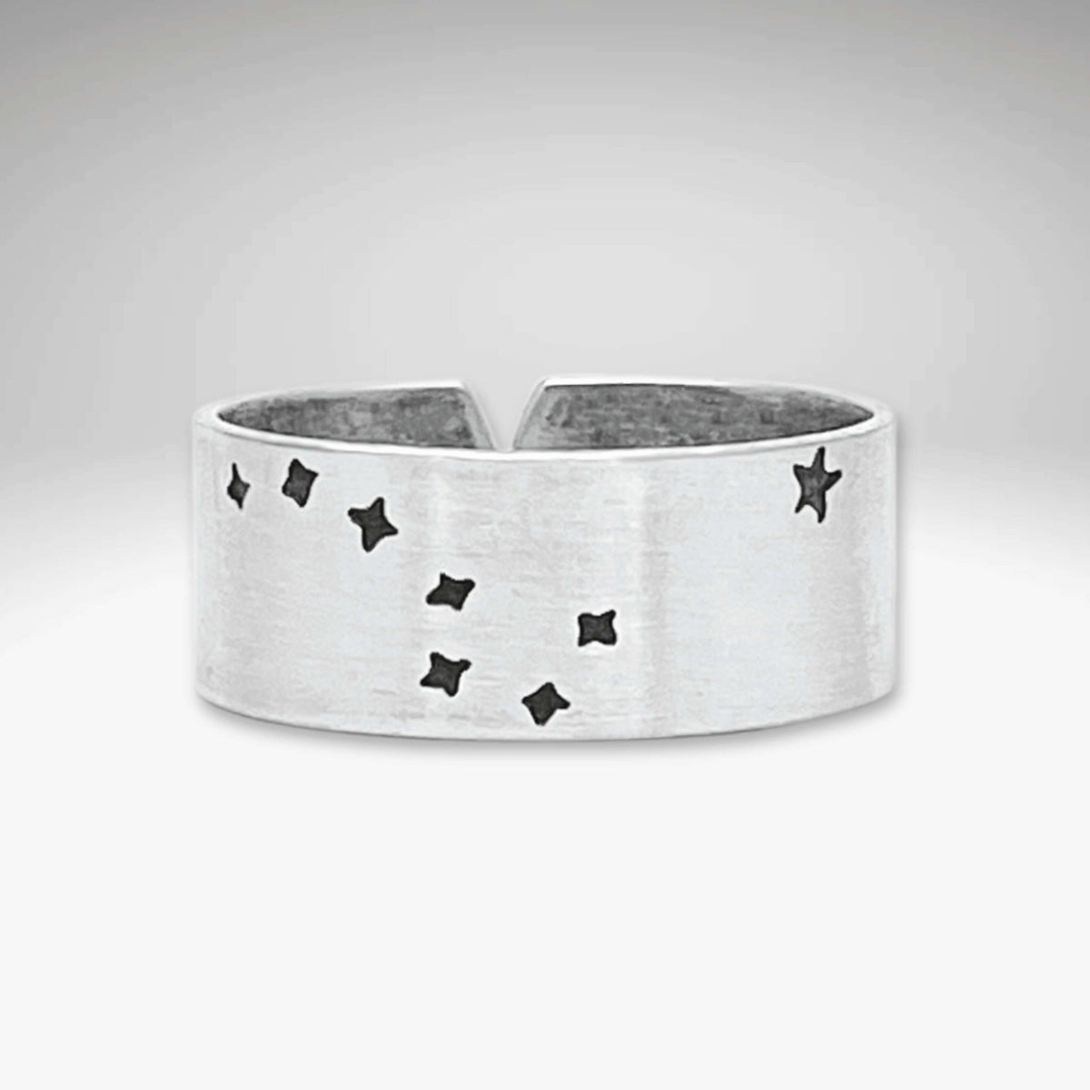 Big Dipper 2, Adjustable Ring in matte silver finish with star etchings.