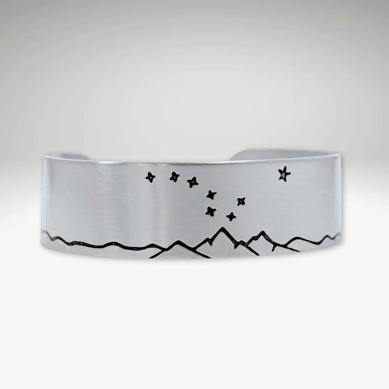 Big Dipper Cuff Bracelet featuring mountain and star engravings, perfect for lovers of the night sky.