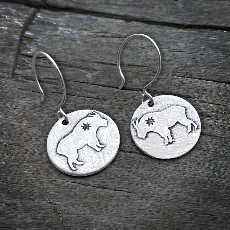 Billy Goat Earrings with unique etched design and tiny star, featuring sterling silver earwires.