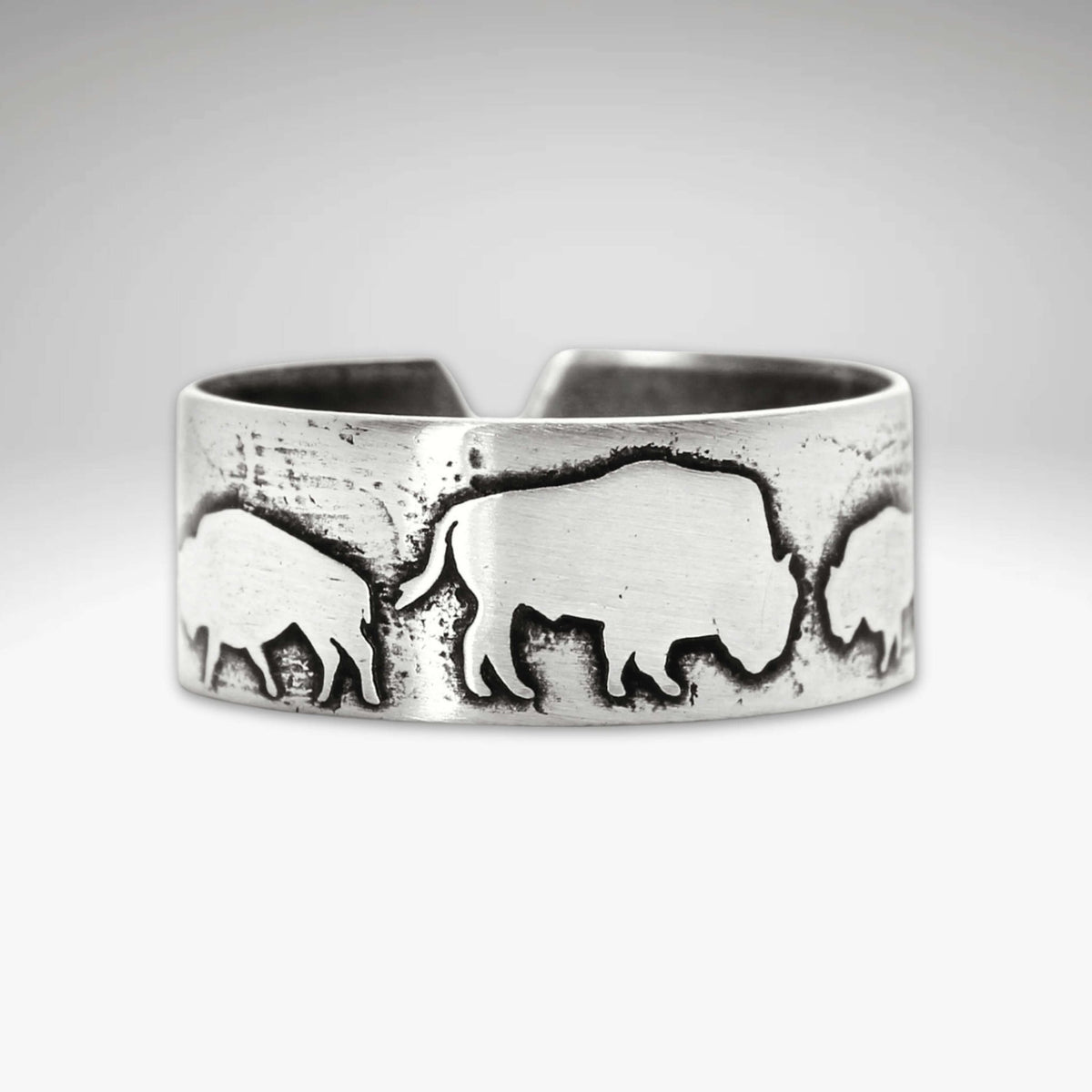 Bison Circles Adjustable Ring featuring unique bison motifs in Matte Silver finish.