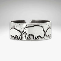 Bison Circles Adjustable Ring featuring unique bison motifs in Matte Silver finish.