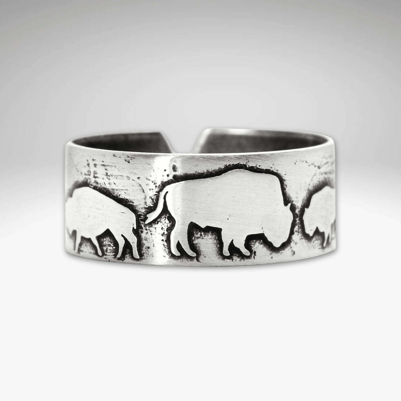 Bison Circles Adjustable Ring featuring unique bison motifs in Matte Silver finish.