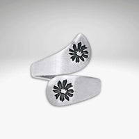 Bitterroot Bypass Adjustable Ring with stunning etched bitterroot flowers in Matte Silver finish.