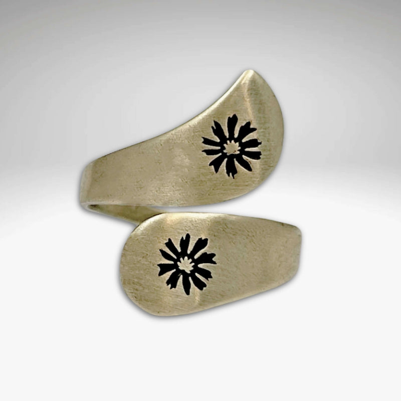 Bitterroot Bypass Adjustable Ring in Matte Silver with beautiful flower etching for flower lovers.