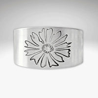 Bitterroot Flower Cuff Bracelet in matte silver finish showcasing intricate flower design.