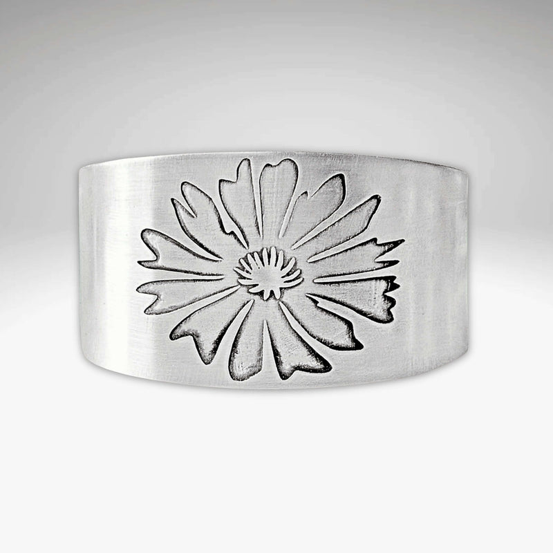 Bitterroot Flower Cuff Bracelet in matte silver finish showcasing intricate flower design.