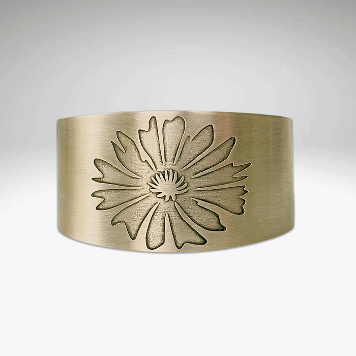 Antique brass Bitterroot flower wide cuff bracelet, handmade in Montana