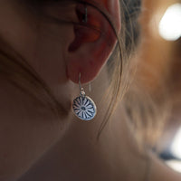 Bitterroot Flower Earrings showcased on a model's ear, featuring intricate flower design in a stunning silver finish.