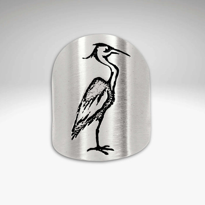 Blue Heron Adjustable Ring featuring a graceful etched heron design on a silver adjustable band.