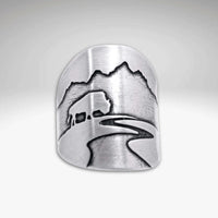 Buff in the Tetons Adjustable Ring featuring a beautiful engraving of mountains and a buffalo.