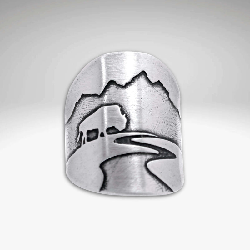 Buff in the Tetons Adjustable Ring featuring a beautiful engraving of mountains and a buffalo.