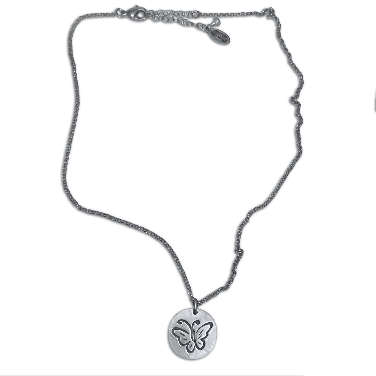 Butterfly Necklace featuring an etched butterfly pendant on a silver adjustable rolo chain.