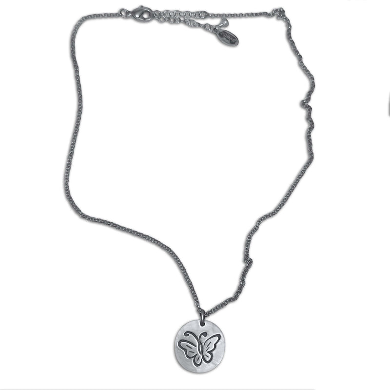 Butterfly Necklace featuring an etched butterfly pendant on a silver adjustable rolo chain.