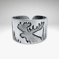 Creek Moose Adjustable Ring with intricate moose engraving and creek backdrop in matte silver finish.
