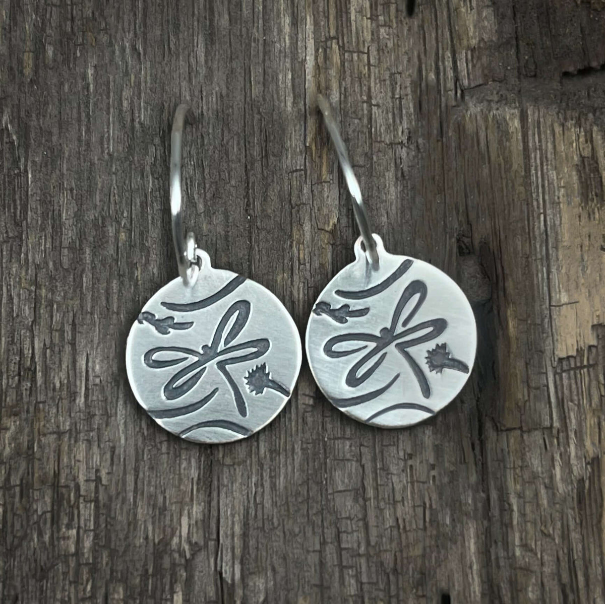 Dragonfly Earrings featuring etched dragonfly design on round silver discs, adding a nature-inspired touch.