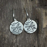 Dragonfly Earrings featuring etched dragonfly design on round silver discs, adding a nature-inspired touch.